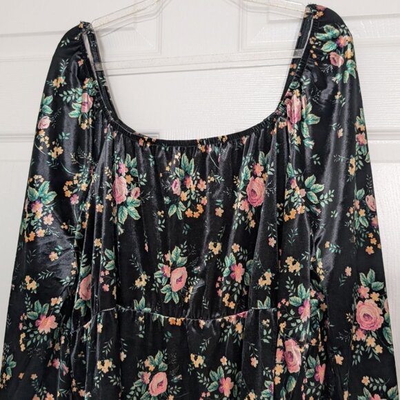 Cato Velvet Floral Babydoll Shirt Womens Size 18/20W Black Balloon Sleeve - Picture 2 of 10